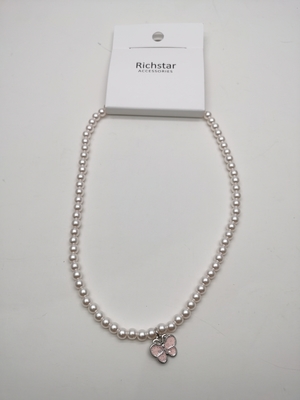 Unisex Silver Pure and Fresh Pearl Necklace with Butterfly Pendant