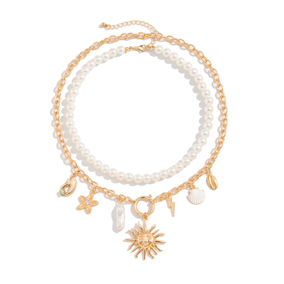 Boho Two Packs Lighting Pendant Pearl Chain Necklace in Round Shape with Rose Gold Plating